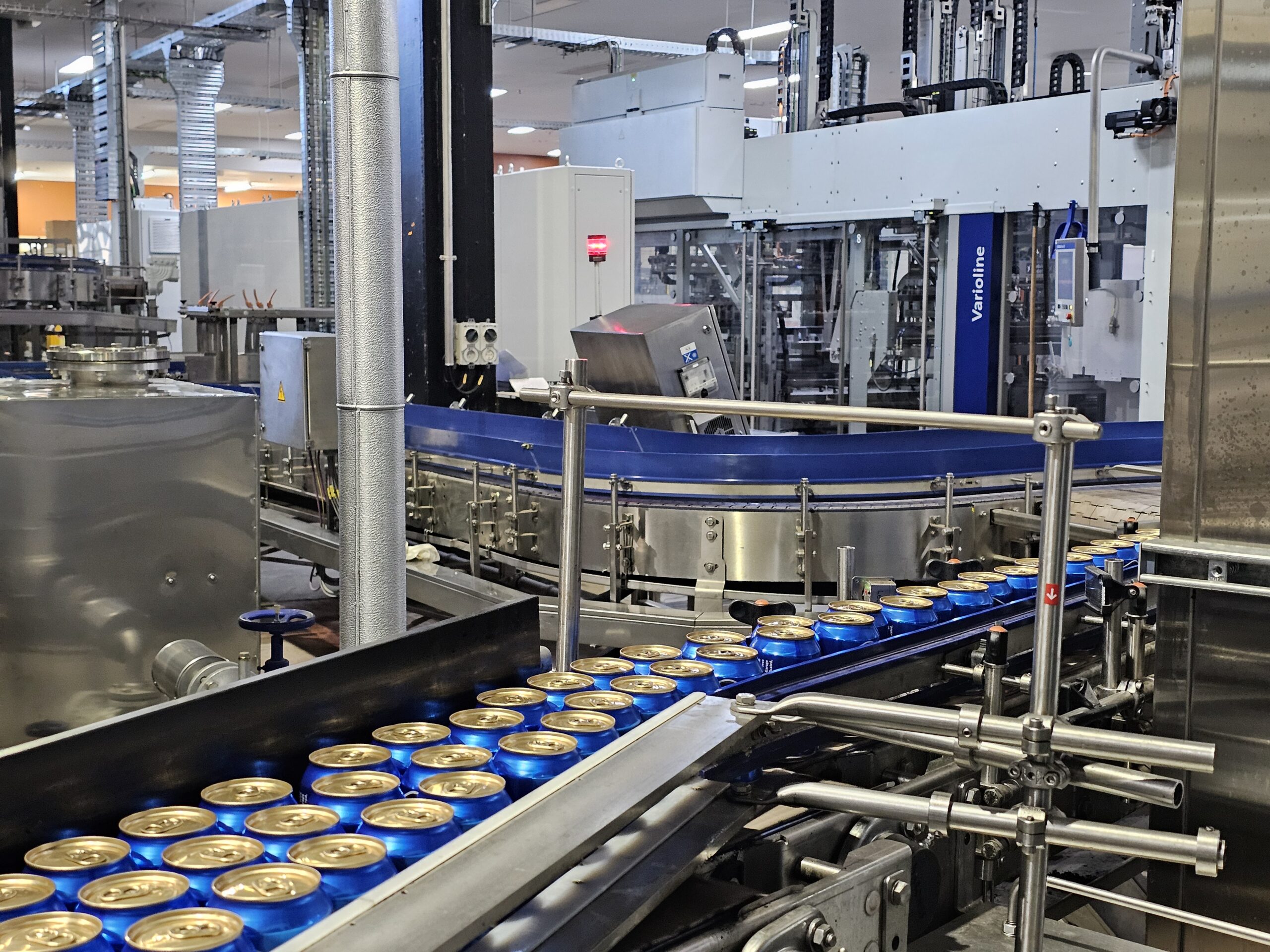 Automated bottling line with glass beer bottles moving along a conveyor in a modern brewery.
