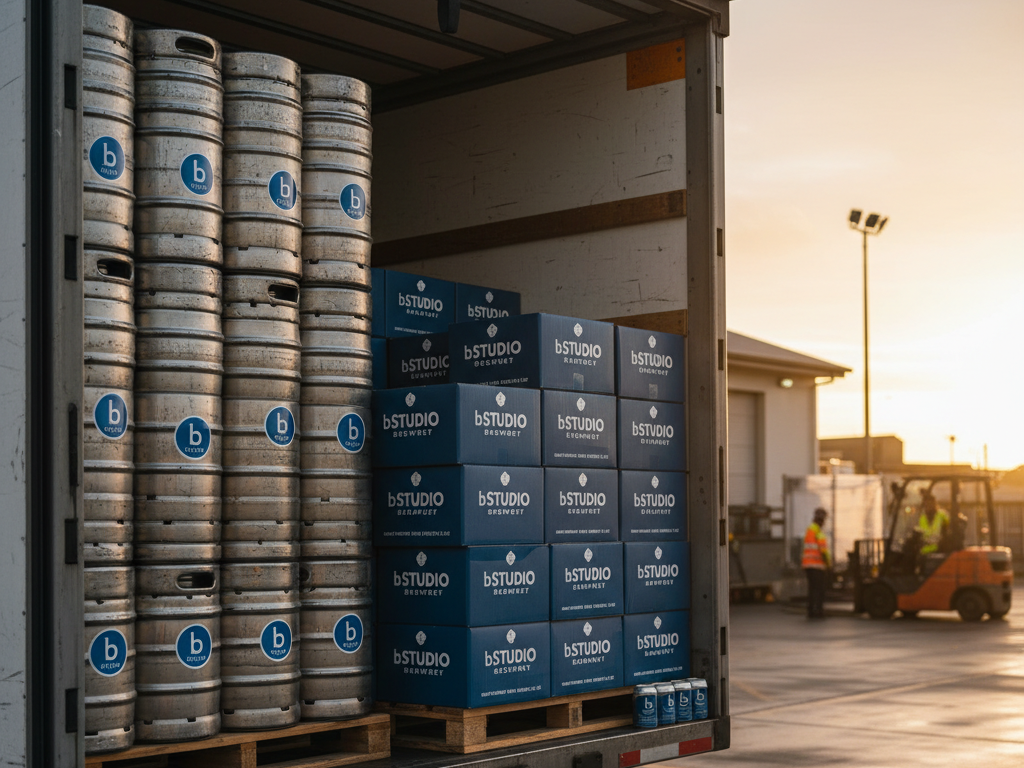 Warehouse stacked with pallets of packaged beer kegs.