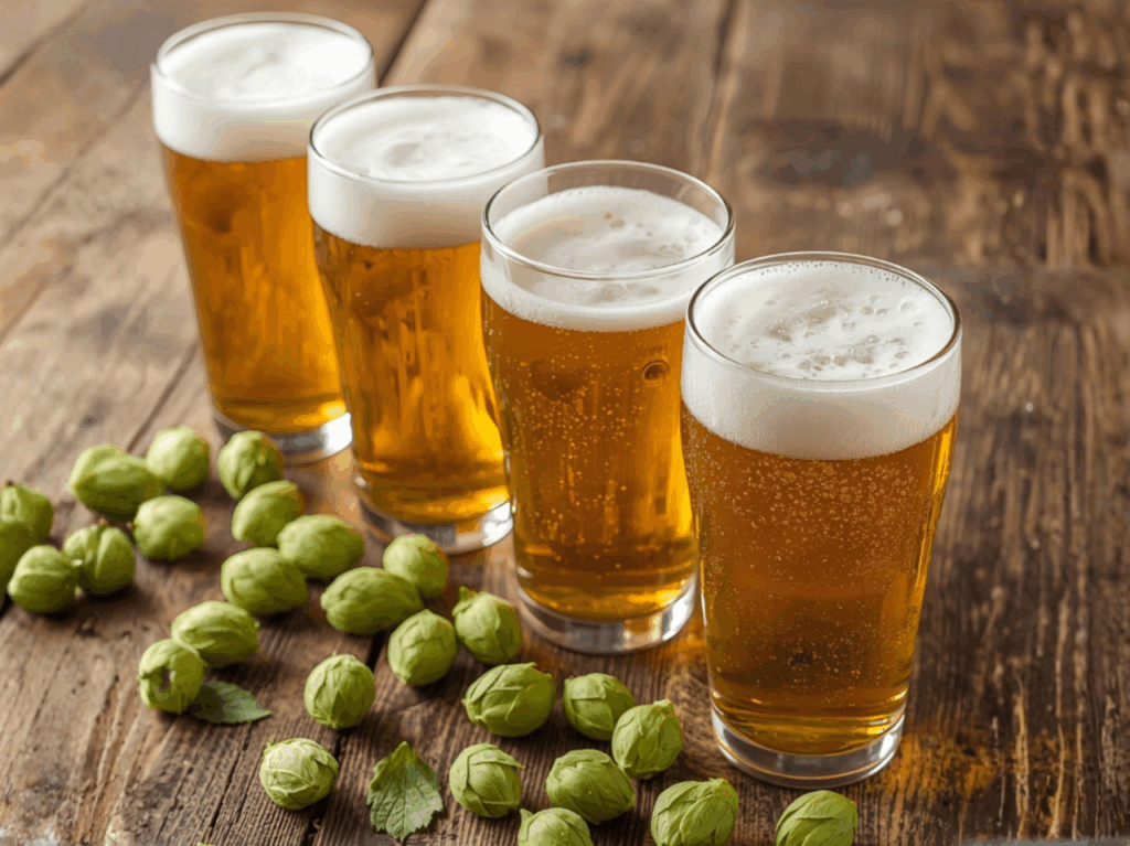 Four freshly poured glasses of golden craft beer on a rustic wooden table beside green hops.